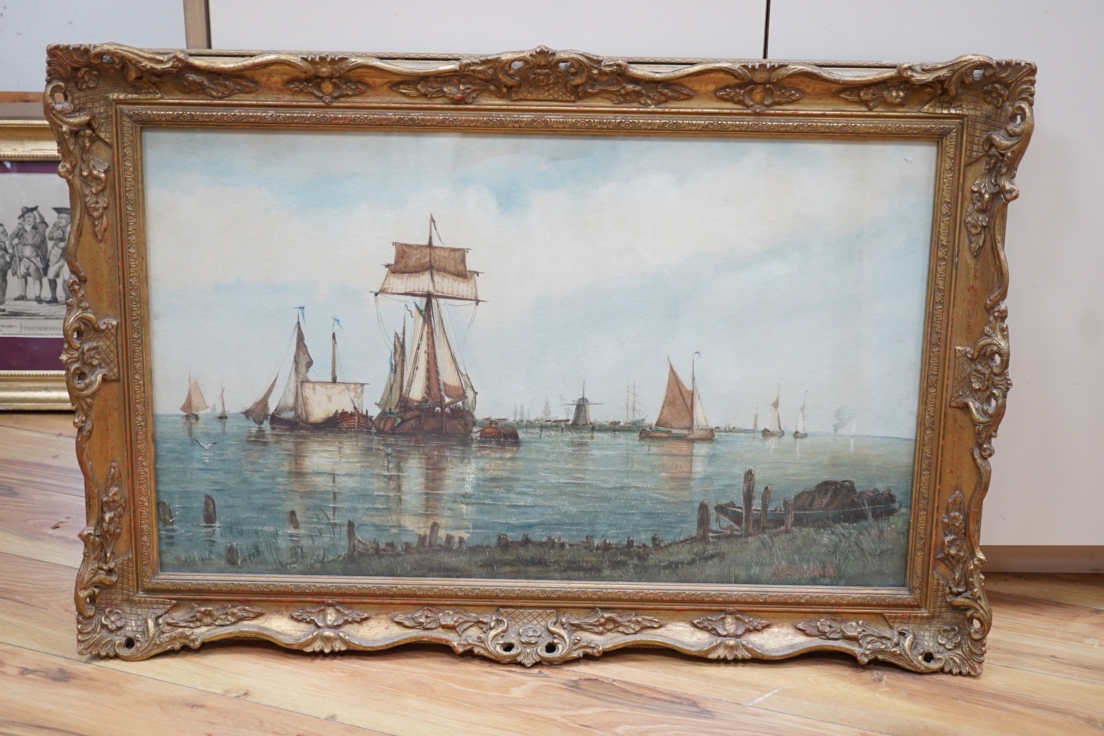 A. Seebach, watercolour, Shipping at anchor on an estuary, signed, 42 x 71cm